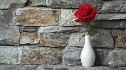 a red rose in a white vase against a stone wall background, romantic and love concept