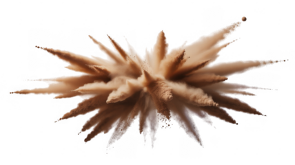 Brown powder explosion with sharp particles and a small sphere isolated on a transparent background