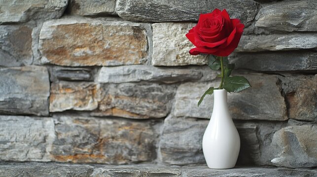 a red rose in a white vase against a stone wall background, romantic and love concept