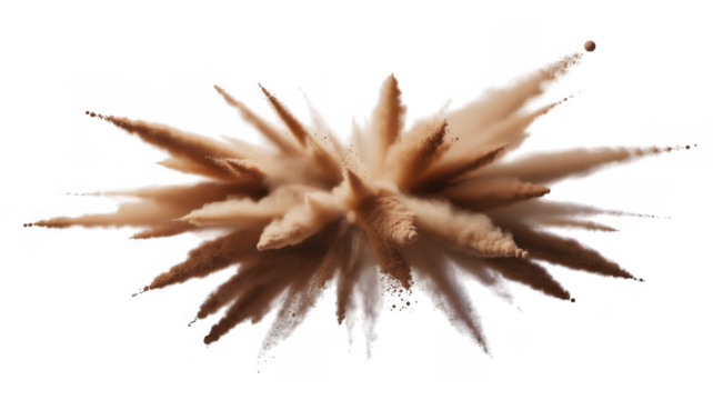 Brown powder explosion with sharp particles and a small sphere isolated on a transparent background