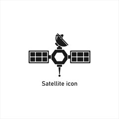 Black Satellite Icon with Solar Panels and Dish, Representing Global Communication, Space Technology, Telemetry, GPS Navigation, and Orbital Network