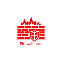 Red Firewall Icon Showing Brick Wall with Shield and Flames, Symbolizing Digital Security, Network Protection, Internet Defense, and Cyber Safety