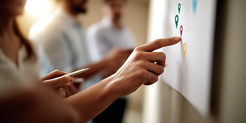 Close-up of business professionals pointing at colorful location markers on a wall chart during a collaborative planning meeting