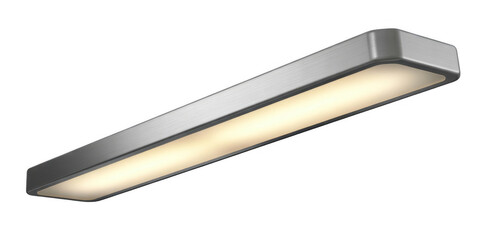 Brushed metal rectangular ceiling light fixture with warm white illumination isolated on a transparent background 1