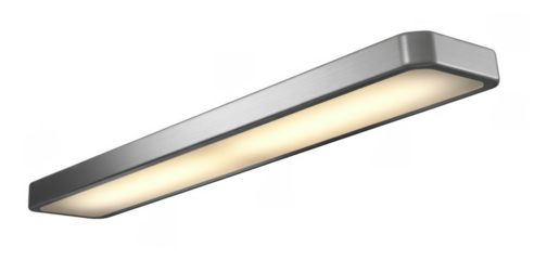 Brushed metal rectangular ceiling light fixture with warm white illumination isolated on a transparent background 1