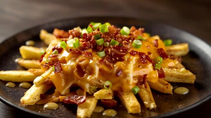 Crispy golden fries topped with melted cheese, savory bacon pieces, and fresh green onions served on a dark plate in warm restaurant lighting