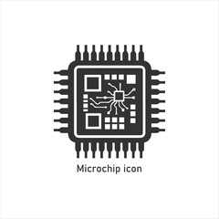 Black and White Icon Depicting a Complex Integrated Circuit (IC) or Microchip, Representing Technology, Computing, Processor, AI, and Digital Electronics
