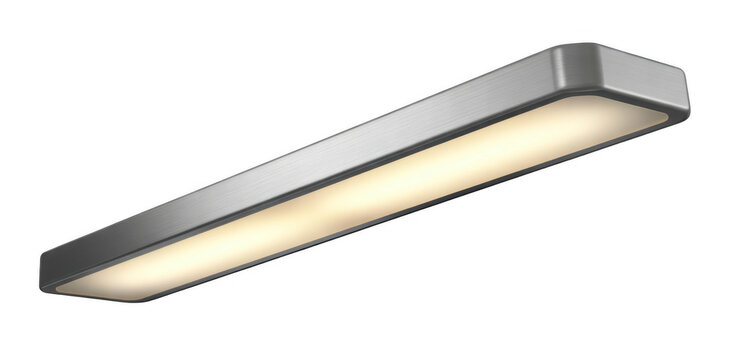 Brushed metal rectangular ceiling light fixture with warm white illumination isolated on a transparent background 1