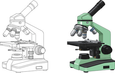 Microscope vector illustration, line art and colored design, lab science equipment icon set, biology research symbol, education graphic, high contrast isolated stock asset, editable clipart tool