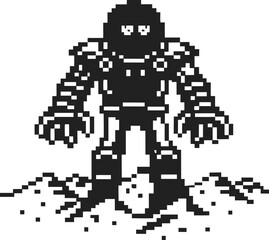 Retro pixel robot standing on cracked ground, dark armored futuristic character, vintage 8 bit design, digital gaming art