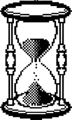 Retro pixel art hourglass classic black and white sand timer, vintage digital countdown, old school video game icon