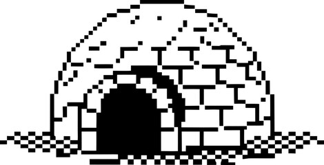 Igloo icon, pixel art monochrome snow dome house, arctic shelter isolated on white minimalist winter architecture illustration
