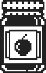 Pixel art jam jar with fruit symbol retro black and white pixelated preserve container, minimal digital food illustration