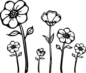 Hand drawn wildflower set, black outline illustration simple botanical floral elements, minimalist nature art design