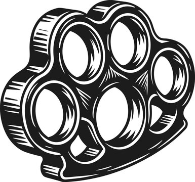 Brass knuckles vintage illustration metal fist weapon, self defense tool, retro design, black and white engraving
