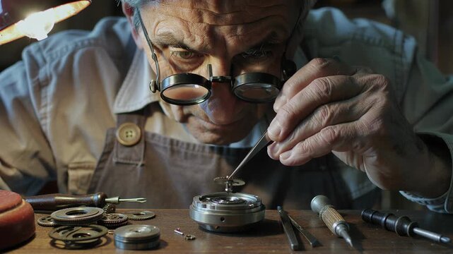 Caucasian older man watchmaker with loupe glasses repairing tiny gears in a broken mechanism, close up of meticulous repair process.