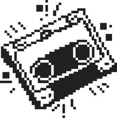 Retro pixel art cassette tape illustration, vintage music symbol, nostalgic audio technology, black and white digital