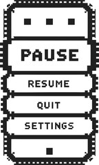 Retro pixel art pause menu interface with resume, quit, and settings buttons in black and white, vintage gaming ui