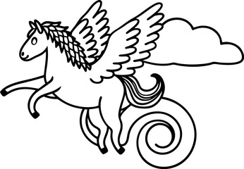 Flying pegasus with curly tail in the sky, mythical winged horse outline, fantasy animal coloring illustration