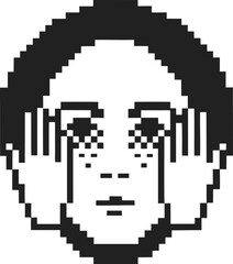 Pixel art face with hands covering eyes, retro black and white style, emotional expression, digital crying, abstract sadness