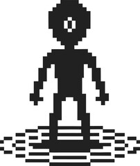 Pixel art humanoid figure standing on concentric circular lines retro digital style, minimal black and white 8 bit illustration