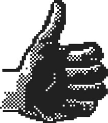 Pixelated thumbs up hand gesture retro digital style, positive approval symbol, black and white monochrome illustration