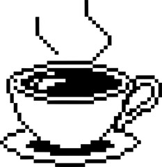 Pixel art hot coffee cup with steam rising, vintage retro black and white minimalist tea mug illustration