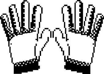 Raised open hands in black and white pixel art style, digital minimal design, retro computer graphic, technology gesture icon