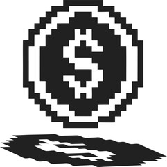 Retro pixel dollar coin symbol with shadow black and white digital currency icon, financial technology, blockchain concept