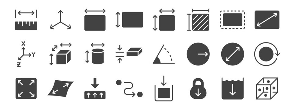 Measurement and dimension glyph icon set. Ruler, 3D axis, width, height, diameter minimal vector illustrations. Simple silhouette signs for geometry size tools. Black color