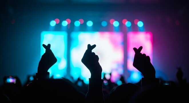 KPop Love Concert Crowd Hearts in Silhouette Against Stage Lights.