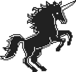 Pixel art unicorn silhouette rearing on hind legs retro black mythical creature, fantasy animal, 8 bit graphic design