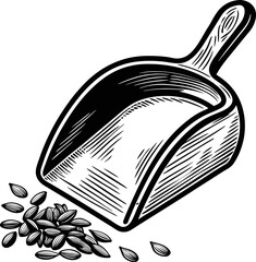 Wooden scoop with grains hand drawn vintage utensil illustration, rustic agricultural seed concept, black and white engraving