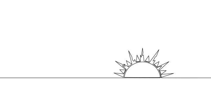 single continuous line drawing of sun rise or set on horizon minimalistic concept of summer travel or new beginning continuous sketch doodle vector illustration banner