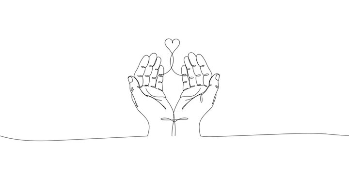 single continuous line drawing of pair of hands holding heart shape minimalistic concept of love care and sharing continuous sketch doodle vector illustration banner