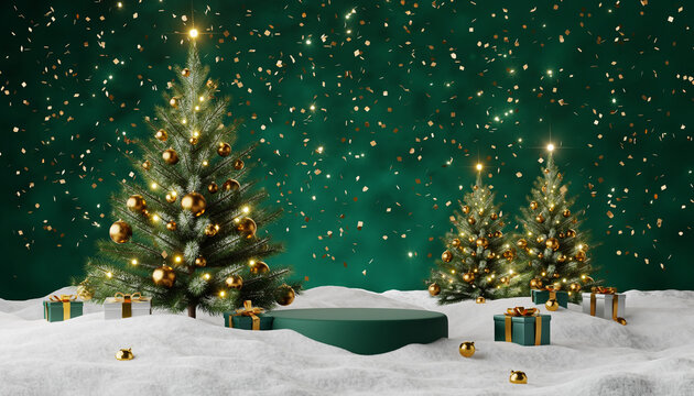 A magical winter scene featuring two decorated Christmas trees on a snowy landscape, surrounded by green and gold presents. A circular green podium takes center stage, all under a starry, dark green s