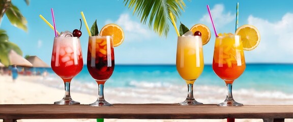 Alkohol cocktails in glasses on bar counter against tropical beach