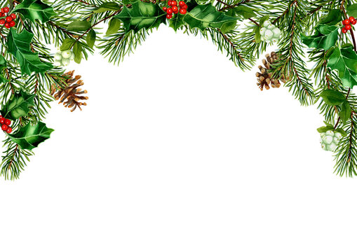 PNG Watercolor spruce branch with pine cones, Holly plant, red berries in horizontal top arch frame. Winter Christmas background border. Template for text. Decor for invitations, offers, letters.