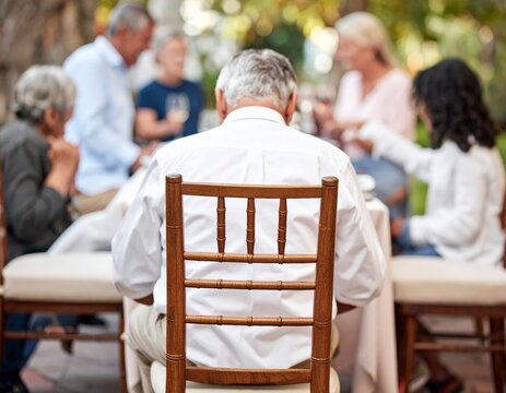 Elderly friends and family gathering outdoors for a delightful social event