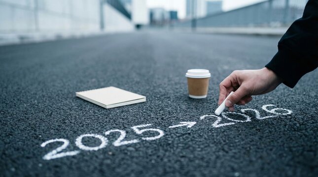Hand drawing chalk numbers 2025 to 2026 with an arrow on asphalt, symbolizing future planning, goal setting, transition, and business strategy for the upcoming year