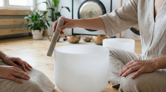 Sound healer providing therapy during a sound bath session, playing a singing bowl for relaxation, meditation, and wellness, with various musical instruments in the background
