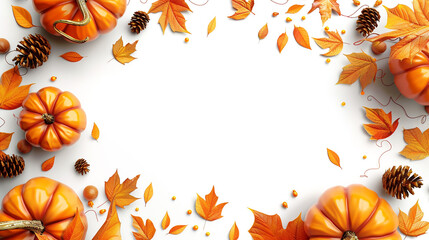 Autumn frame with pumpkins, pine cones and leaves isolated on white background