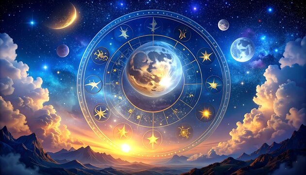 A celestial zodiac wheel overlaying a landscape with many moons and cosmic skies at dusk/dawn - Powered by Adobe