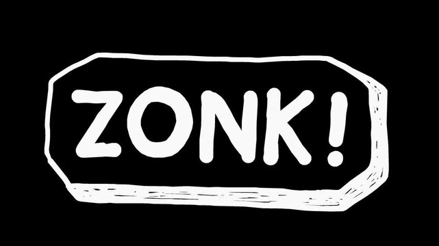 White wiggly hand drawn word ZONK speech bubble on alpha