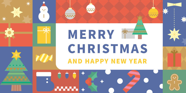 Modern Flat Christmas Social Media Banner with Colorful Holiday Icons