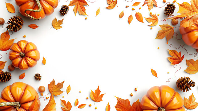 Autumn frame with pumpkins, pine cones and leaves isolated on white background - Powered by Adobe