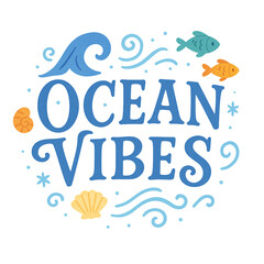Ocean Vibes Nautical Themed Illustration with Waves and Fish