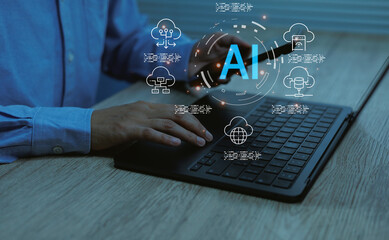 Person working on laptop and mobile phone with floating AI cloud computing representing automation, data processing, digital innovation, machine learning, Concept modern technology intelligent systems