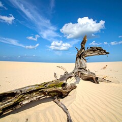 A bleached tree trunk rests on rippled sand under a vibrant blue sky with scattered white clouds