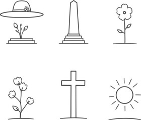 Symbolic nature icon set in black line style featuring flower cross sun monument cotton and decorative hat illustrations